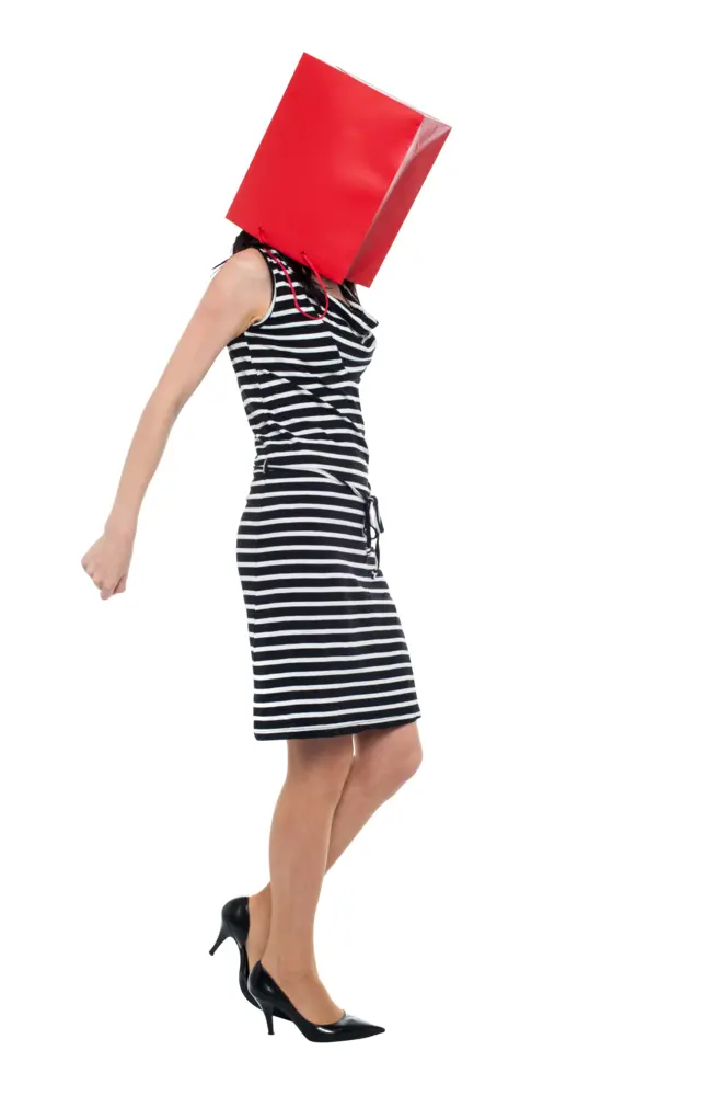 Woman with Red Shopping Bag on Head