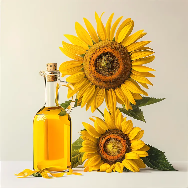Sunflowers and Oil Bottle with Cork