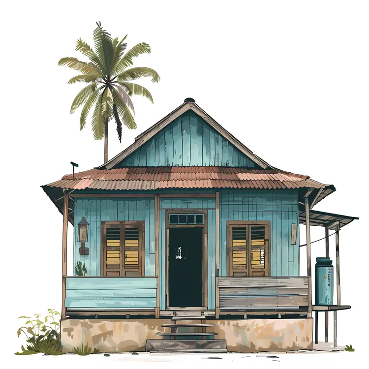 Blue Wooden House with Palm Tree