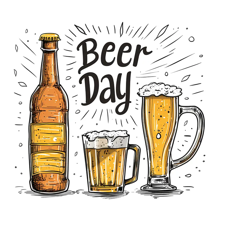 Beer Day Celebration with Mugs and Bottle