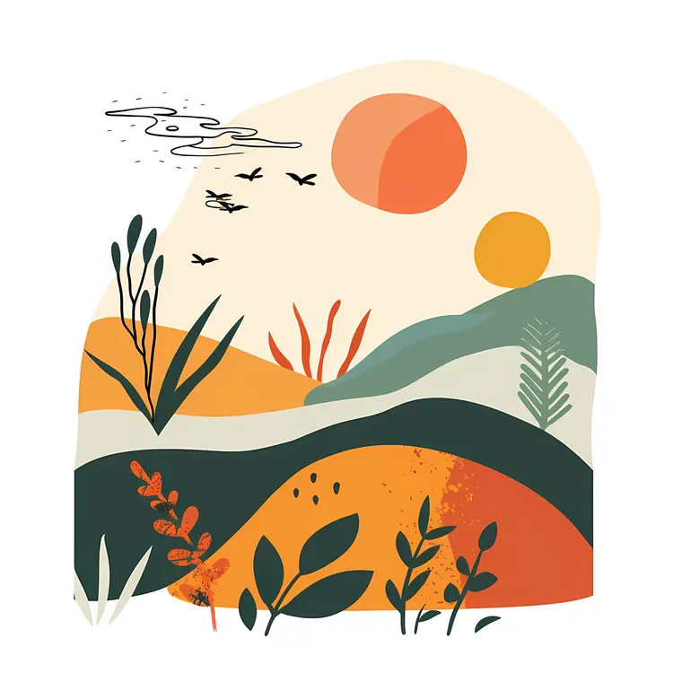 Abstract Landscape with Sun and Nature Elements