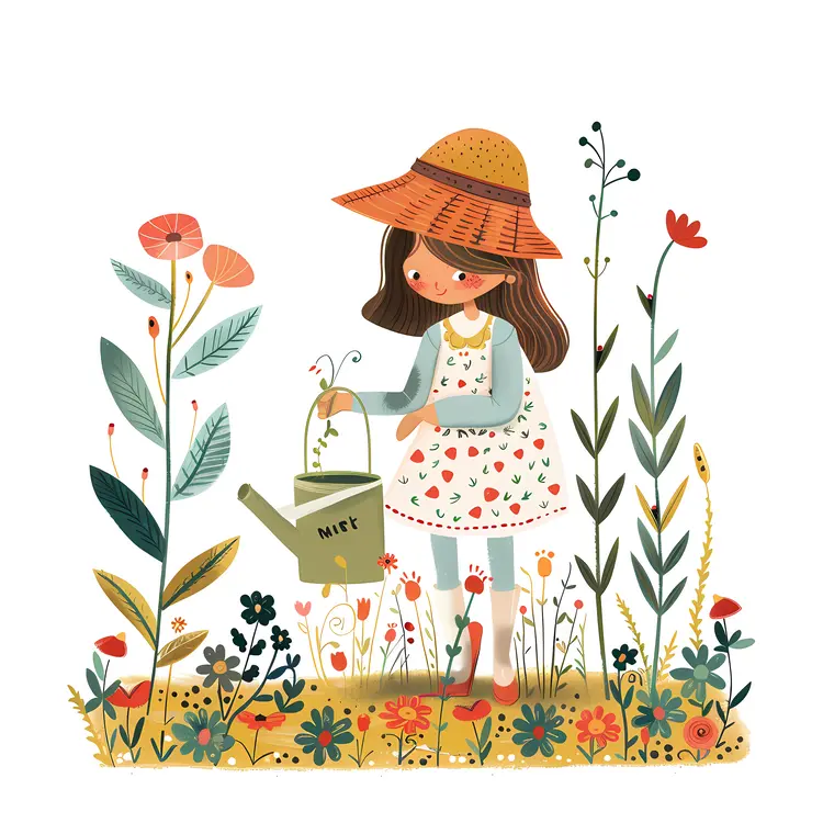 Girl Watering Plants in a Garden