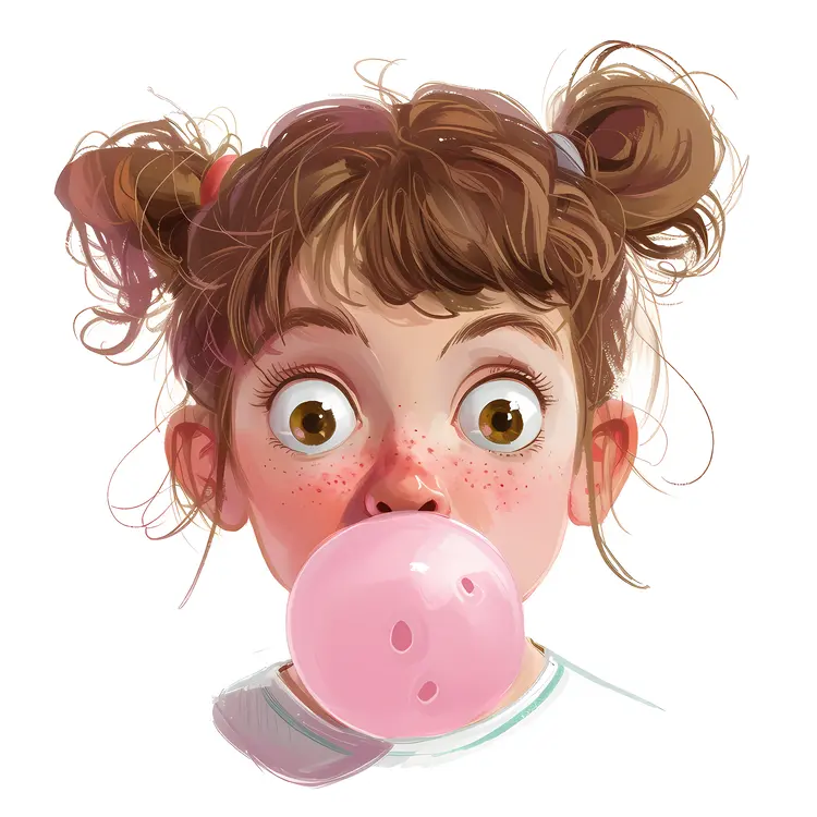 Girl with Pigtails Blowing Bubblegum