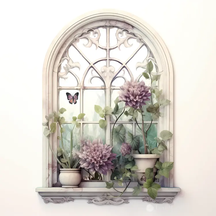 Butterfly and Flowers in a Gothic Window with Potted Plants