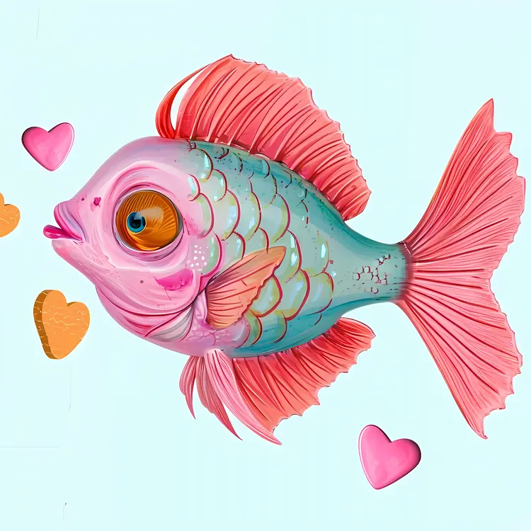 Pink and Blue Fish with Hearts