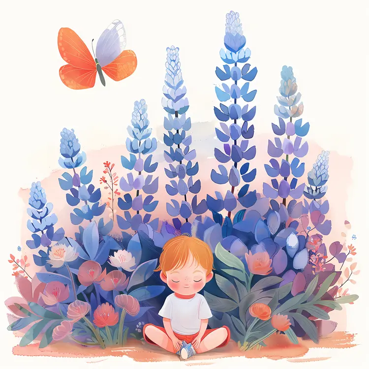 Boy Sitting Among Flowers with Butterfly