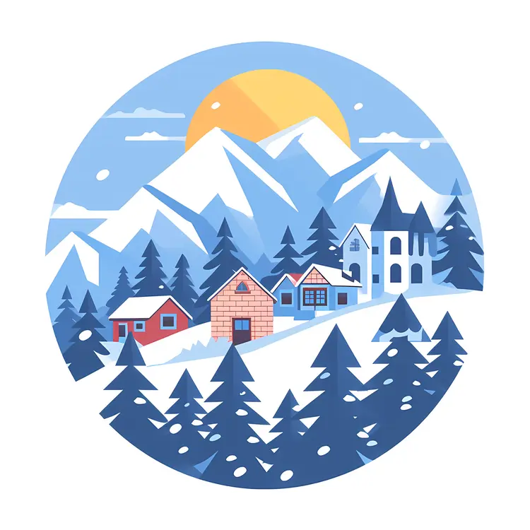 Snowy Village in Mountains