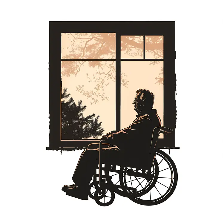 Silhouette of Person in Wheelchair by Window with Tree