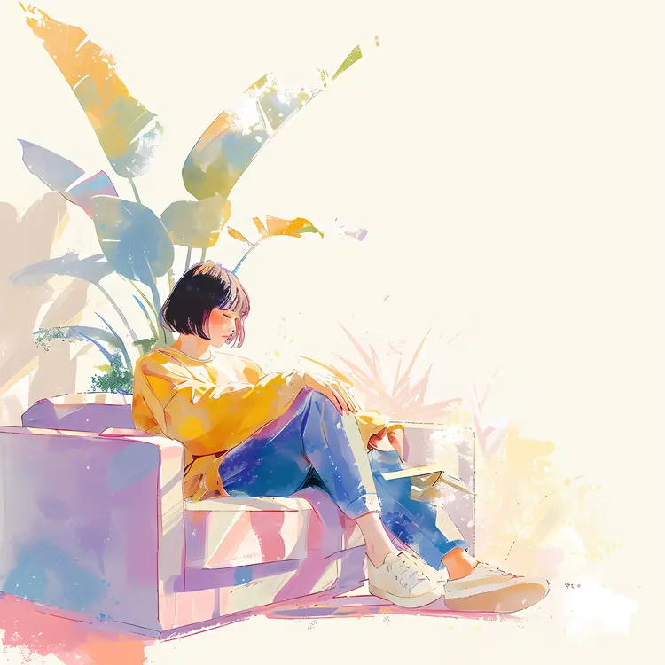 Girl Relaxing on Couch with Plant