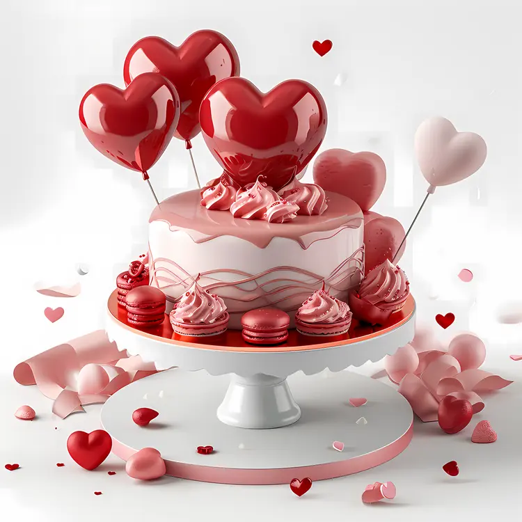 Heart-shaped Cake with Balloons and Macarons