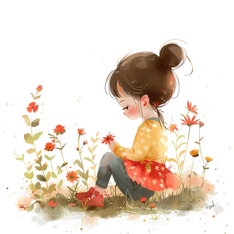 Little Girl in Red Dress with Flowers