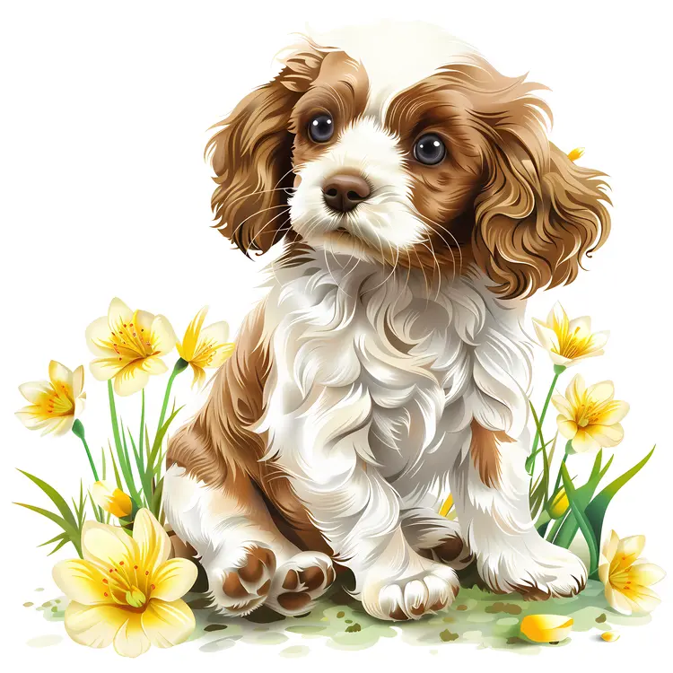 Adorable Puppy with Yellow Flowers