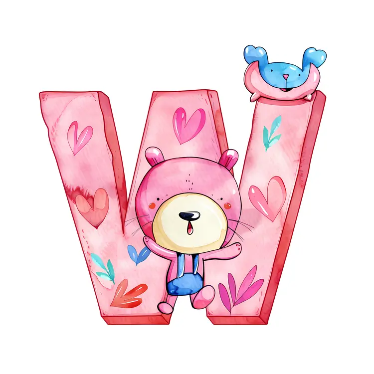 Cute Pink Bear with Letter W