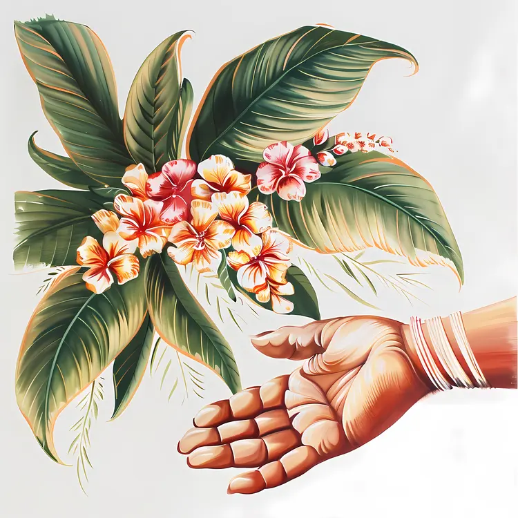 Illustration of Hand with Flowers and Leaves