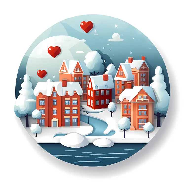 Snowy Village with Hearts and Doodle Houses