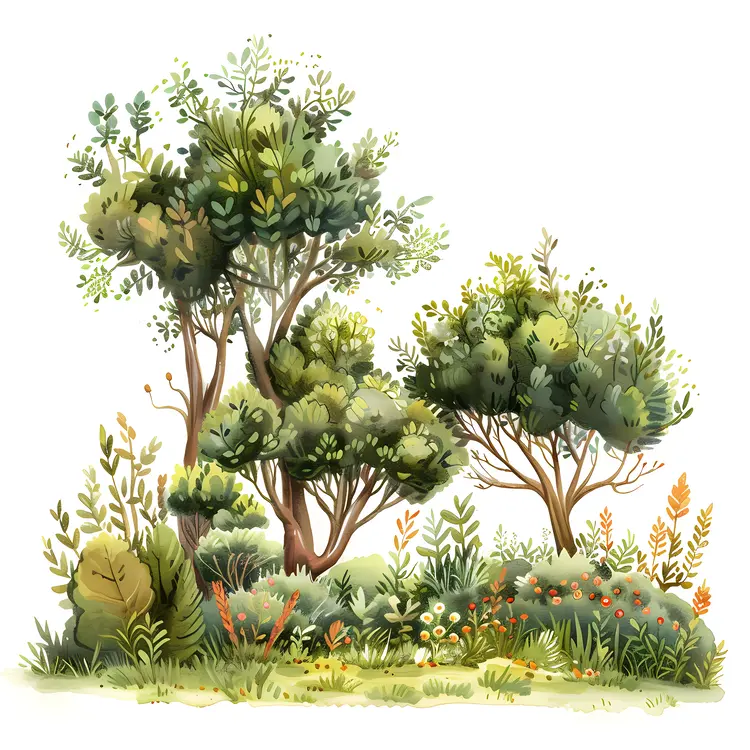 Forest Trees with Bushes and Flowers