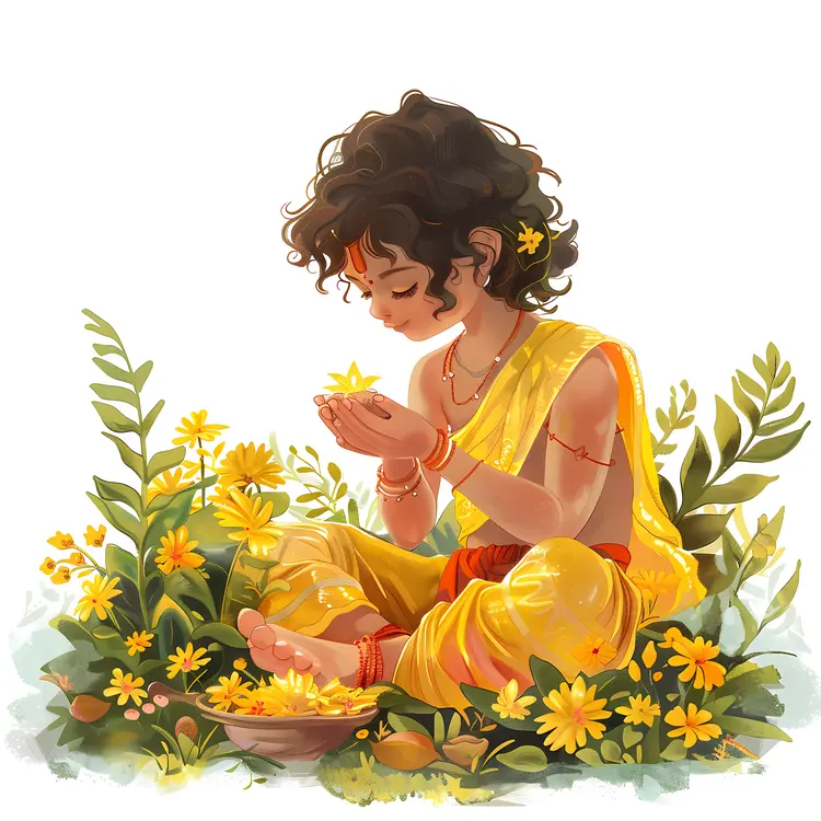 Child with Flowers in Yellow Clothes