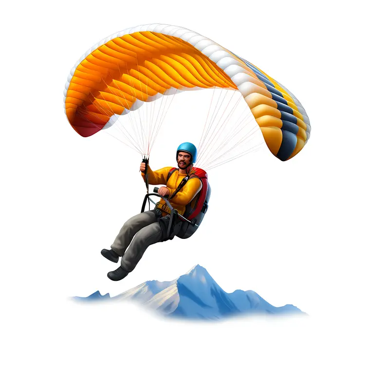 Paraglider with Yellow Parachute Over Mountains