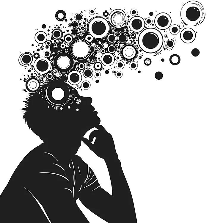 Contemplative Man with Thought Bubbles