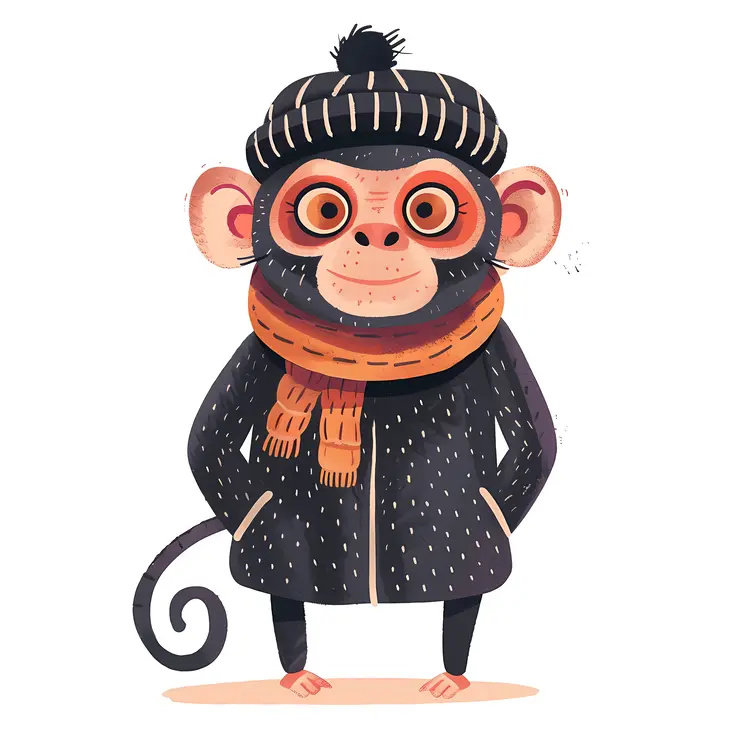 Monkey in Winter Clothes with Scarf and Hat
