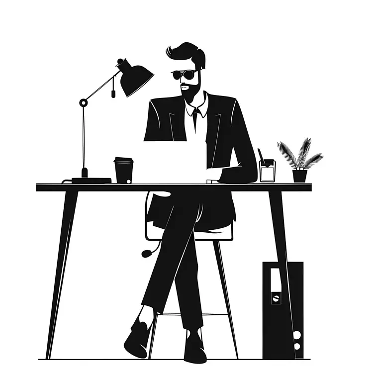 Man Working at Desk with Laptop and Lamp