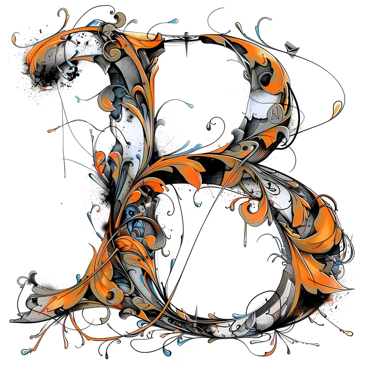 Ornate Letter B with Orange and Black Design