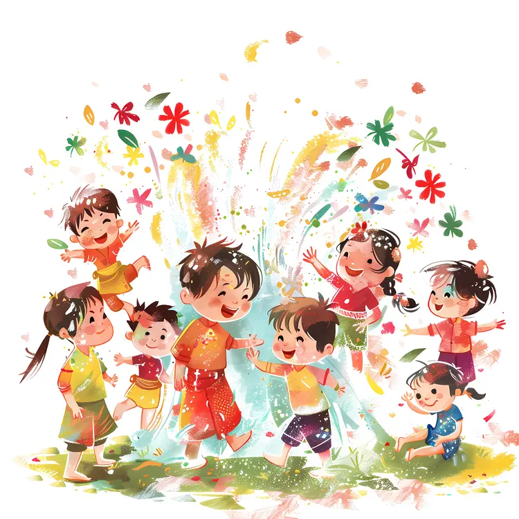 Children Playing with Water in Summer