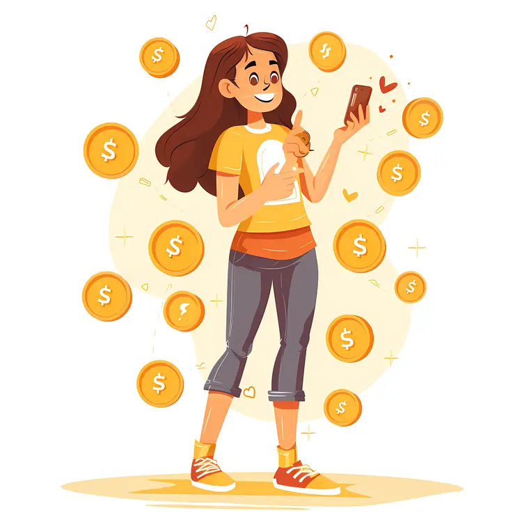 Cartoon Girl with Coins and Smartphone