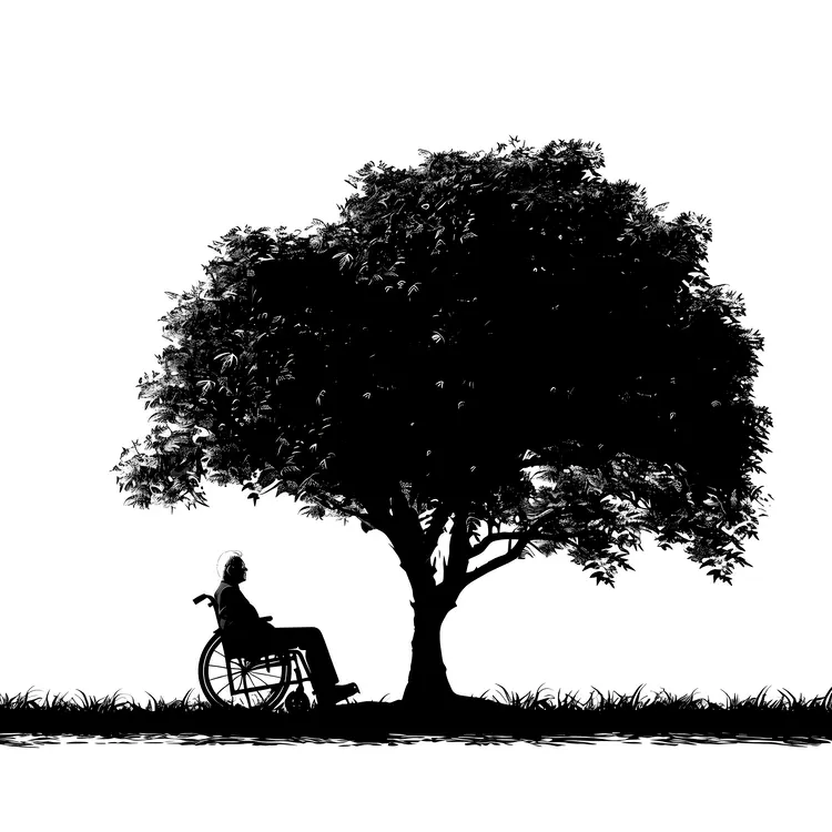 Silhouette of Person in Wheelchair Resting Under Tree