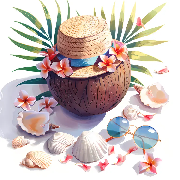 Coconut with Hat and Sunglasses on Beach