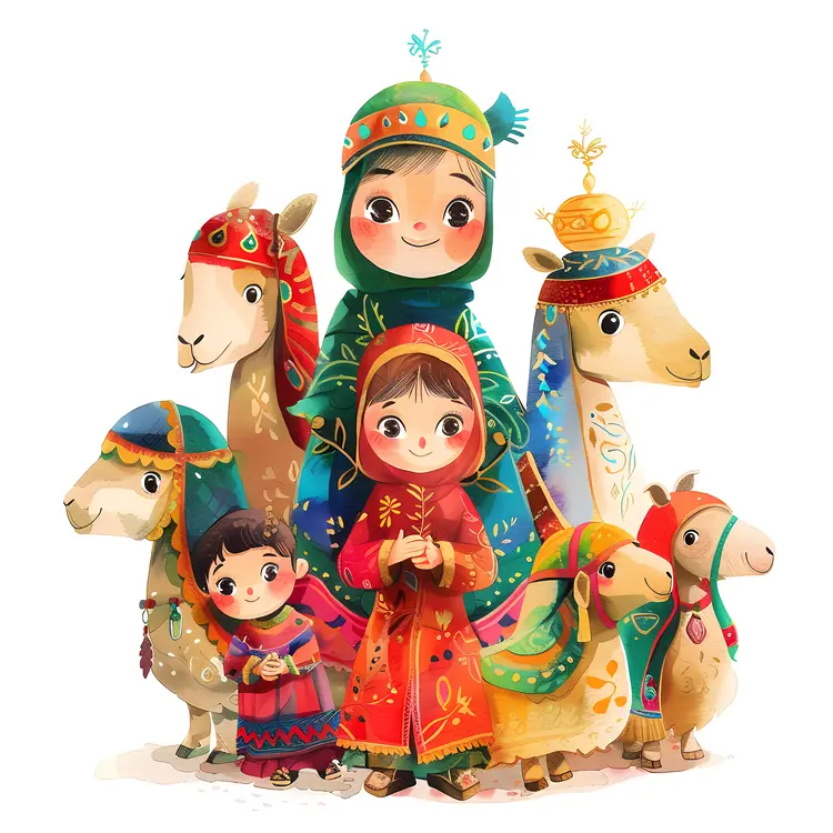 Family and Llamas in Colorful Attire