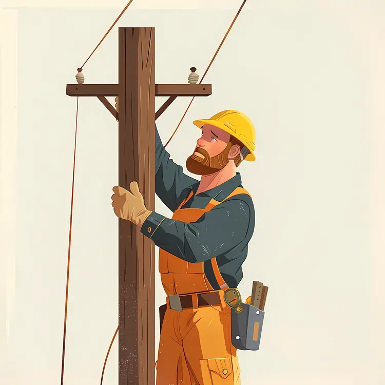 Cartoon Lineman Working on Utility Pole