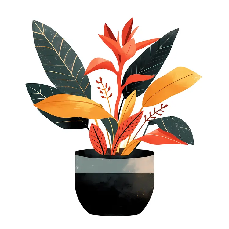 Red and Yellow Leaves in Black Pot