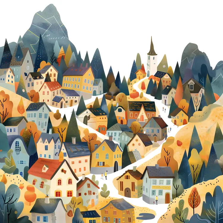Cute Doodle Village with Colorful Houses