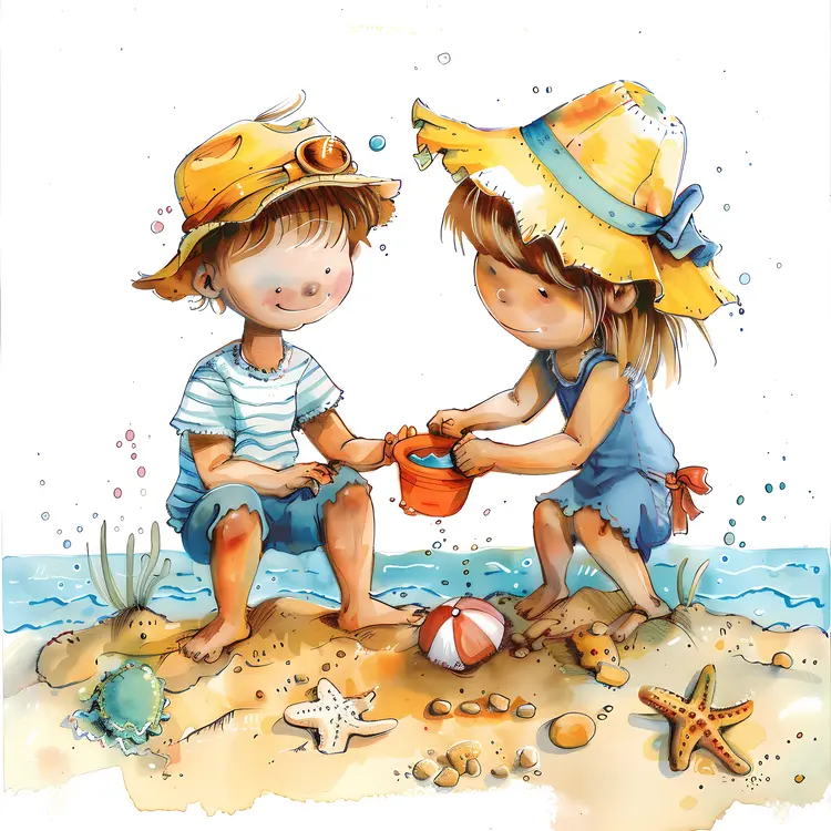 Children Playing on Beach Illustration