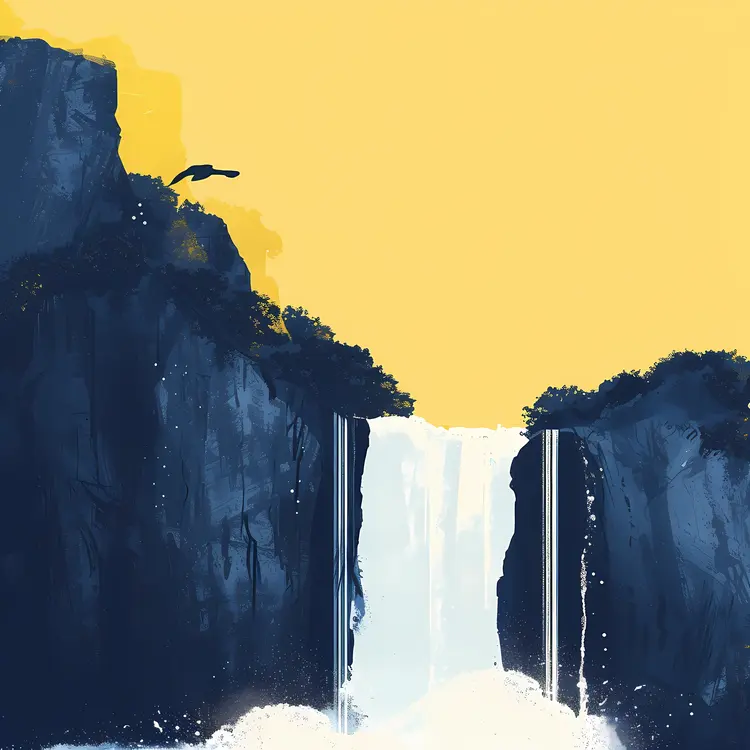Yellow and Blue Waterfall with Birds