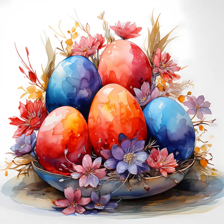Colorful Easter Eggs in Nest with Flowers