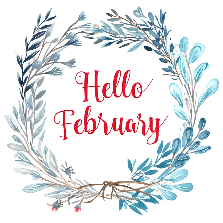 Hello February with Blue Leaves Wreath