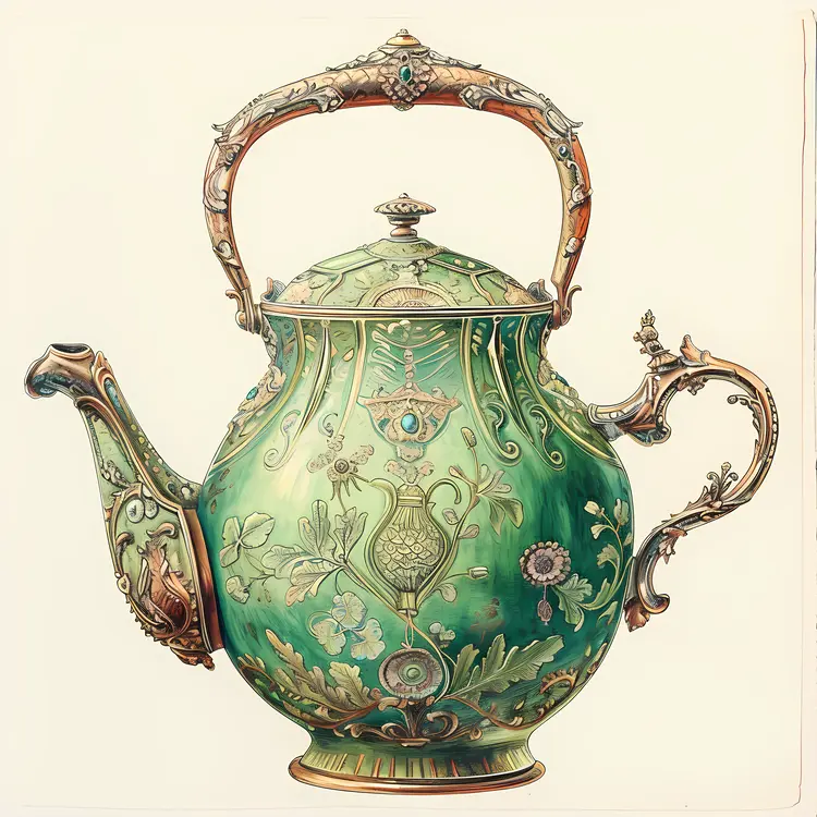 Ornate Green Teapot with Floral Patterns