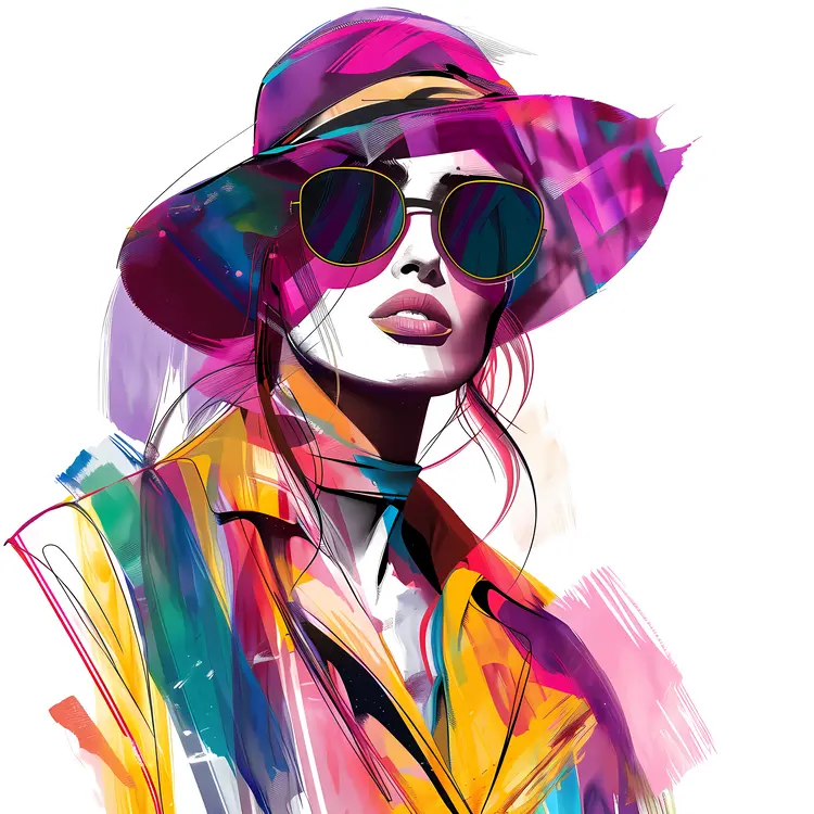 Artistic Woman in Colorful Abstract Outfit with Hat