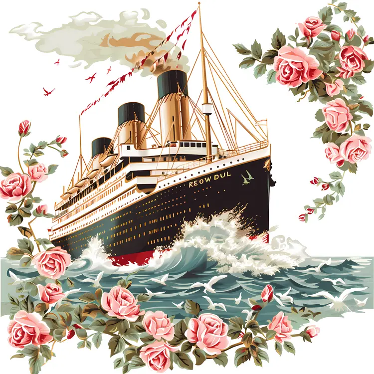 Large Ship with Roses and Waves