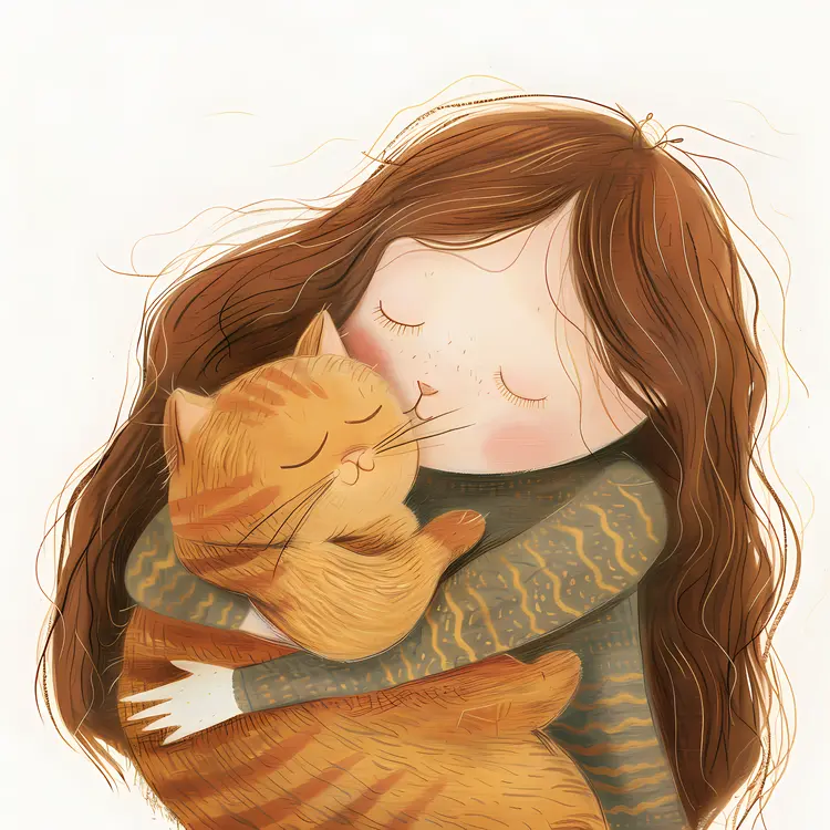 Girl Hugging Cat Illustration