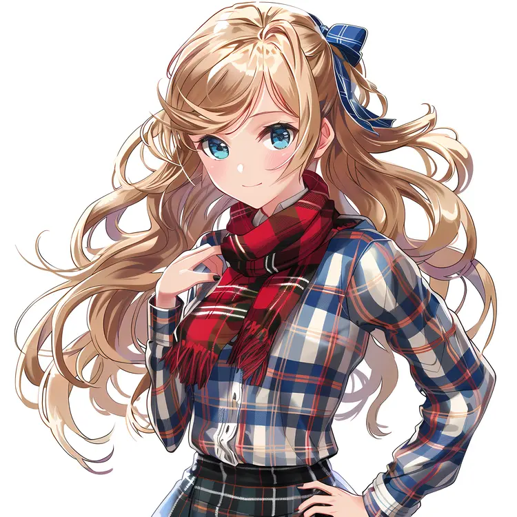 Anime Girl in Plaid Shirt and Scarf