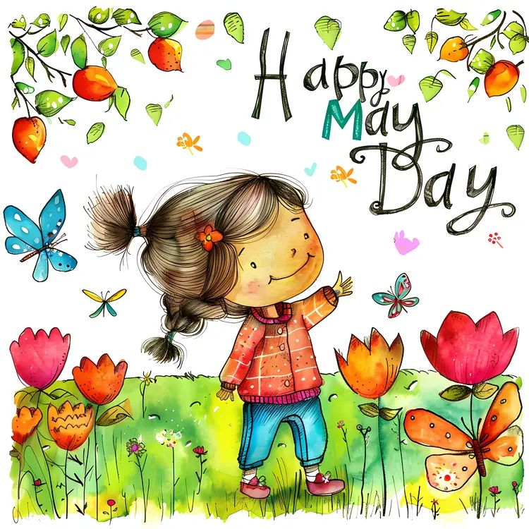 Happy May Day with Cute Girl and Flowers