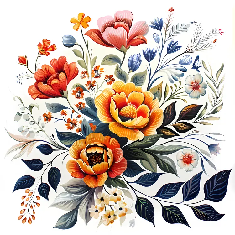 Beautiful Floral Illustration with Orange and Red Flowers