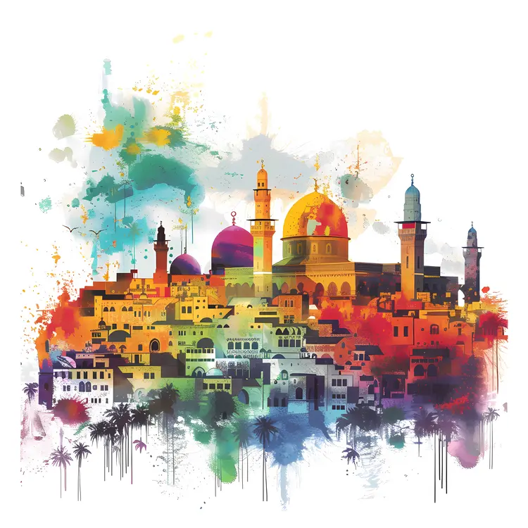 Colorful Cityscape with Mosques and Palm Trees