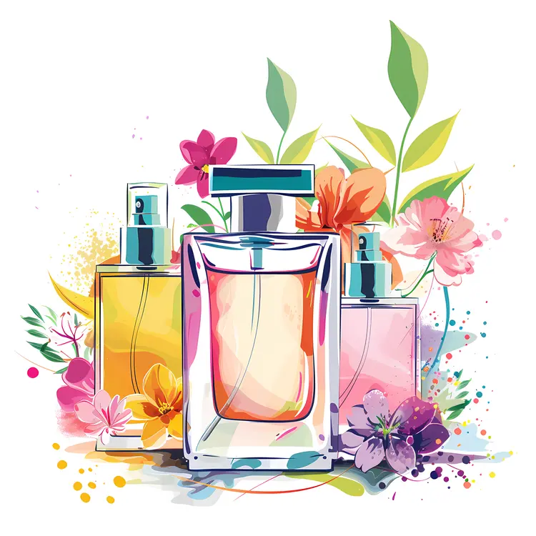 Collection of Colorful Perfume Bottles with Flowers