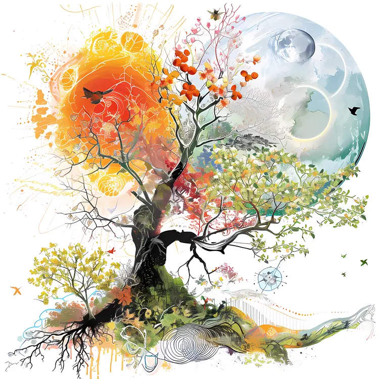 Tree with Sun and Moon in Seasonal Transition