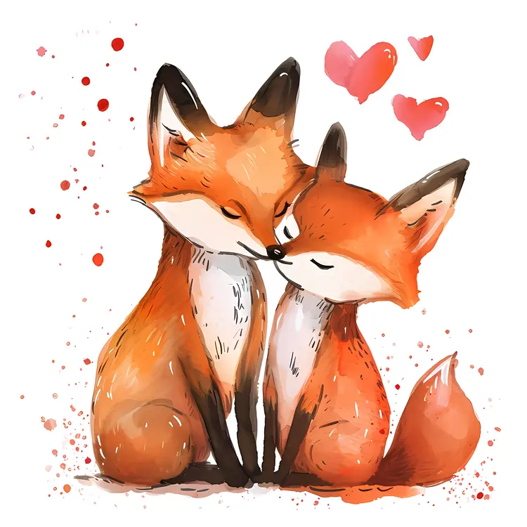 Fox Couple in Love with Hearts
