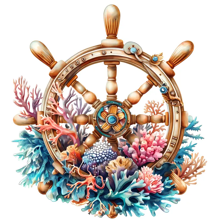 Ship Wheel with Coral and Marine Life